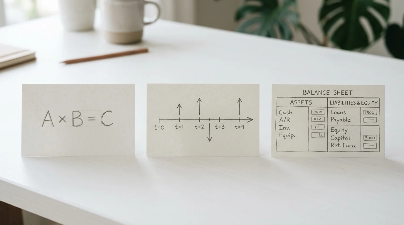 Tableau blanc avec des calculs de valorisation d'entreprise et des méthodes schématisées